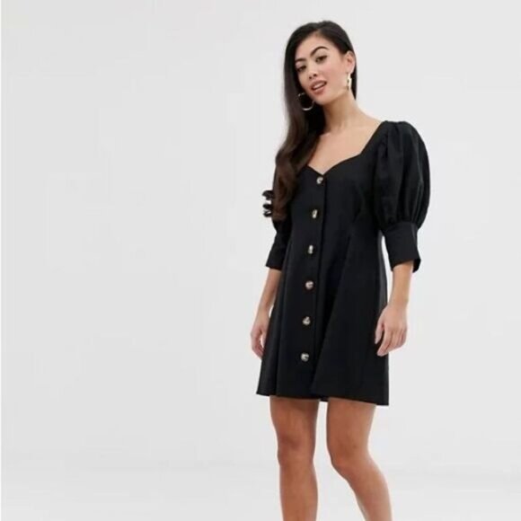 ASOS Linen Blend Sweetheart Neck Button Through Mini Dress in Black - Picture 2 of 11
